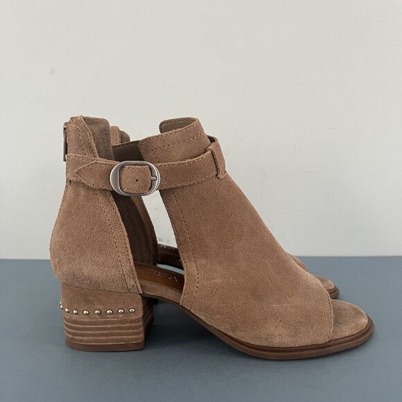 Chelsea & Violet Hendricks Suede Tan Peep Toe Cut Out Heel Shooties - Picture 3 of 8